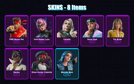 [PC/PSN] | FIRE Master Kai | Void Walker Lynx | Carletta | Snow Opal | The Bride | 8 skin | 2 pickaxe | 1 emote | 1 glider | Lv2