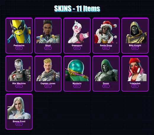[PC/XBOX/PSN] | Peelverine | Shuri | Gwenpool | Santa Dogg | Blitz Knight | 11 skin | 41 pickaxe | 22 emote | 26 glider | Lv402