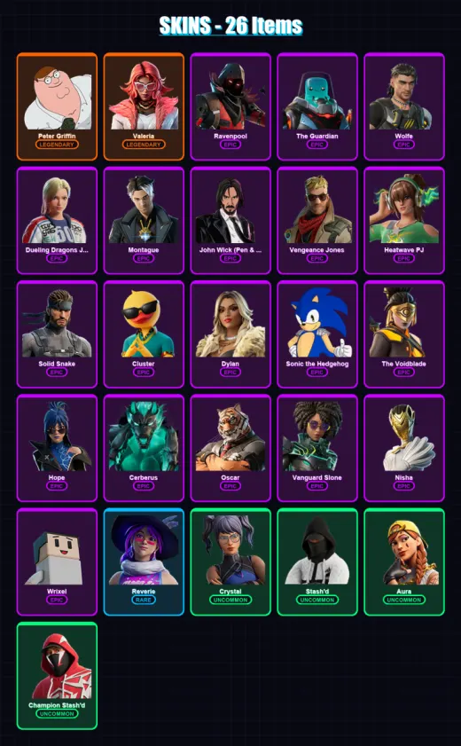 [PS4/PS5/XBOX/PC] | Peter Griffin | Valeria | Ravenpool | The Guardian | Wolfe | 26 skin | 43 pickaxe | 30 emote | 29 glider | Lv515
