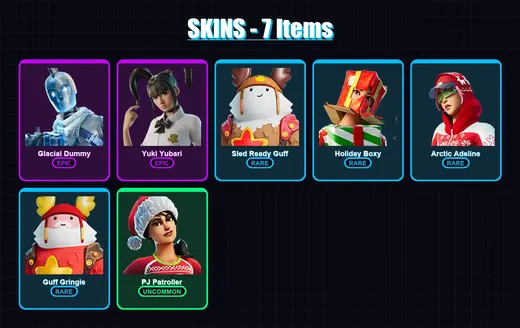 [PC/XBOX/PSN] | Glacial Dummy | Yuki Yubari | Sled Ready Guff | Holiday Boxy | Arctic Adeline | 7 skin | 54 pickaxe | 22 emote | 40 glider | Lv584