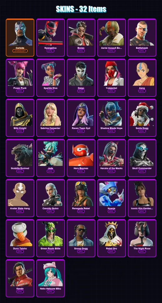 [PC] | Carbide | Nyangelica | Bones | Aerial Assault Bomber | Battlehawk | 32 skin | 33 pickaxe | 24 emote | 21 glider | Lv169