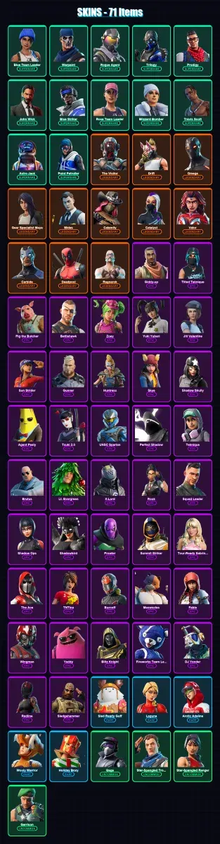 [PS4/PS5/XBOX/PC] | Blue Team Leader | Warpaint | Rogue Agent | Trilogy | Prodigy | 71 skin | 134 pickaxe | 103 emote | 129 glider | Lv4001