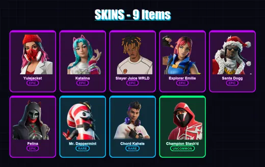 [PC/XBOX/PSN] | Yulejacket | Katalina | Slayer Juice WRLD | Explorer Emilie | Santa Dogg | 9 skin | 33 pickaxe | 16 emote | 22 glider | Lv334