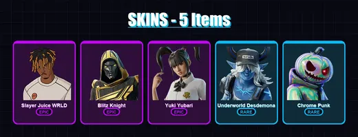 [PC/PSN] | Slayer Juice WRLD | Blitz Knight | Yuki Yubari | Underworld Desdemona | Chrome Punk | 5 skin | 22 pickaxe | 7 emote | 16 glider | Lv251