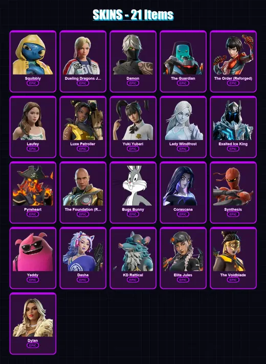 [PS4/PS5/PC] | Squibbly | Dueling Dragons Jackie | Damon | The Guardian | The Order (Reforged) | 21 skin | 42 pickaxe | 15 emote | 29 glider | Lv237 — Game account