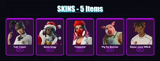[PS4/PS5/XBOX/PC] | Yuki Yubari | Santa Dogg | Yulejacket | Pig the Butcher | Slayer Juice WRLD | 5 skin | 57 pickaxe | 21 emote | 30 glider | Lv357