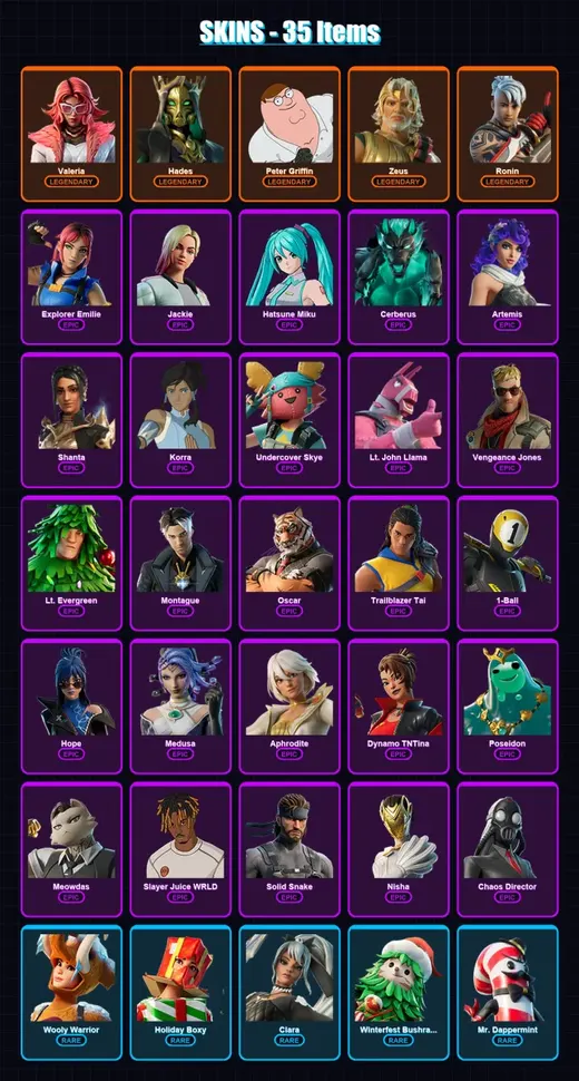 [PC/PSN] | Valeria | Hades | Peter Griffin | Zeus | Ronin | 35 skin | 64 pickaxe | 48 emote | 61 glider | Lv896 — Game account