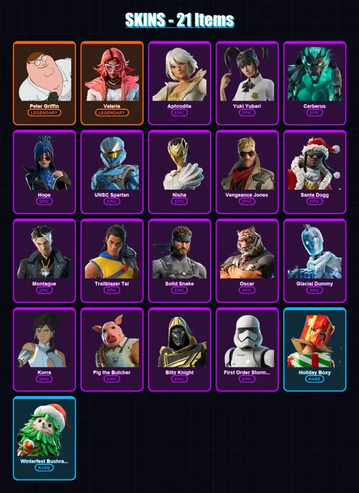 [PS4/PS5/XBOX/PC] | Peter Griffin | Valeria | Aphrodite | Yuki Yubari | Cerberus | 21 skin | 61 pickaxe | 24 emote | 45 glider | Lv503