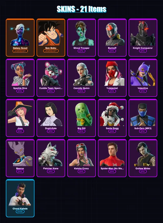 [PC/XBOX/PSN] | Galaxy Scout | Son Goku | Ghoul Trooper | Burnoff | Knight Conqueror | 21 skin | 42 pickaxe | 26 emote | 32 glider | Lv739