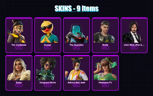 [PS4/PS5/XBOX/PC] | The Voidblade | Cluster | The Guardian | Wolfe | John Wick (Pen & Ink) | 9 skin | 24 pickaxe | 17 emote | 19 glider | Lv406