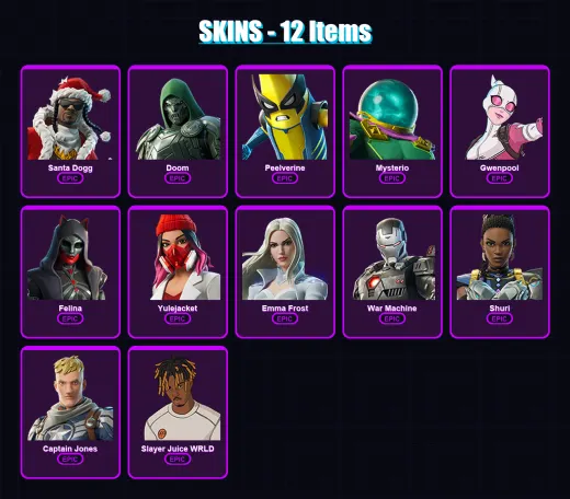 [PC/XBOX/PSN] | Santa Dogg | Doom | Peelverine | Mysterio | Gwenpool | 12 skin | 29 pickaxe | 17 emote | 19 glider | Lv266