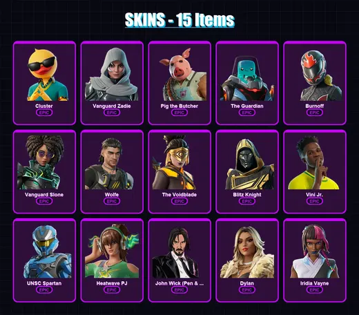 [PS4/PS5/XBOX/PC] | Cluster | Vanguard Zadie | Pig the Butcher | The Guardian | Burnoff | 15 skin | 85 pickaxe | 40 emote | 55 glider | Lv1051 — Game account