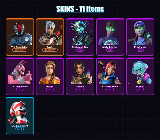 [PC/PSN] | The Foundation | Ronin | Skellemint Oro | Minty Bomber | Fresh Aura | 11 skin | 10 pickaxe | 8 emote | 7 glider | Lv88 — Game account