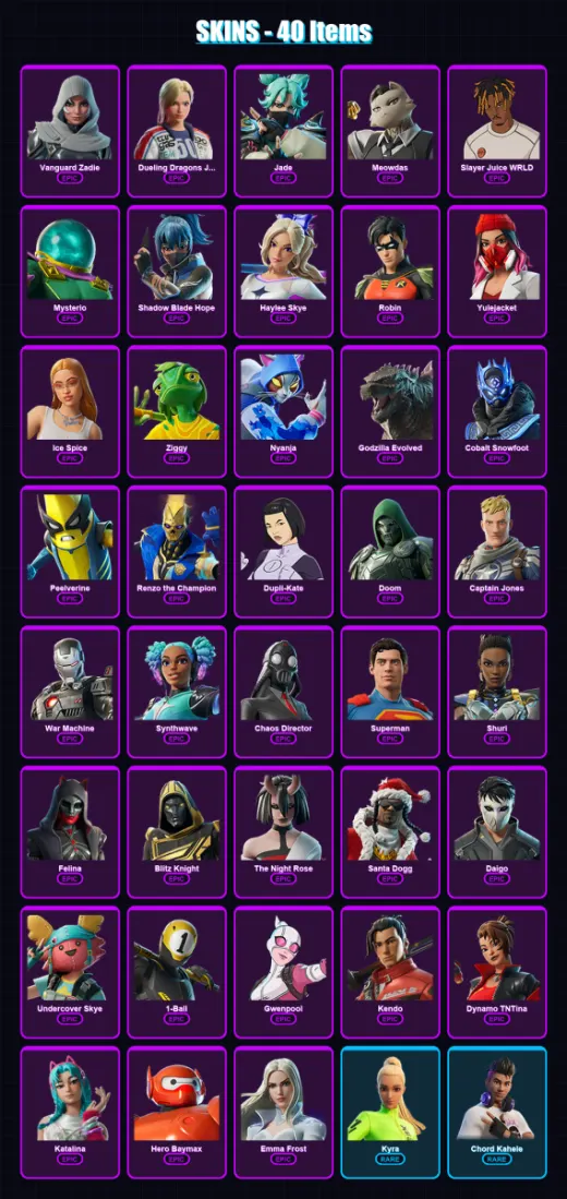 [PC/XBOX] | Vanguard Zadie | Dueling Dragons Jackie | Jade | Meowdas | Slayer Juice WRLD | 40 skin | 110 pickaxe | 56 emote | 68 glider | Lv1804