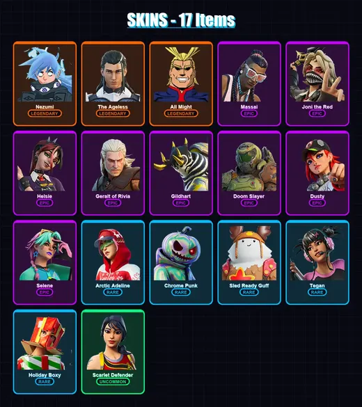 [PC/XBOX] | Nezumi | The Ageless | All Might | Massai | Joni the Red | 17 skin | 27 pickaxe | 14 emote | 20 glider | Lv344