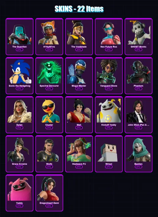 [PC/XBOX/PSN] | The Guardian | K1ttyW1ns | The Voidblade | Neo Future Rox | GHOST Monks | 22 skin | 38 pickaxe | 26 emote | 33 glider | Lv452