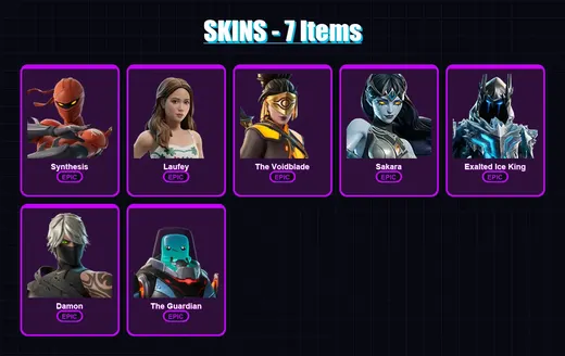 [PC/PSN] | Synthesis | Laufey | The Voidblade | Sakara | Exalted Ice King | 7 skin | 18 pickaxe | 8 emote | 13 glider | Lv138