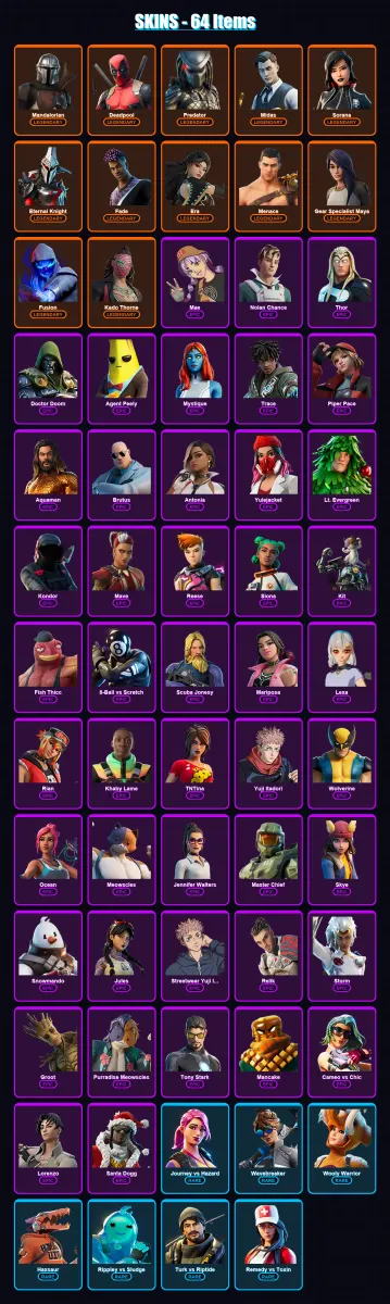 [SWITCH/XBOX/PSN/PC] | Mandalorian | Deadpool | Predator | Midas | Sorana | 64 skin | 82 pickaxe | 62 emote | 72 glider | Lv1188