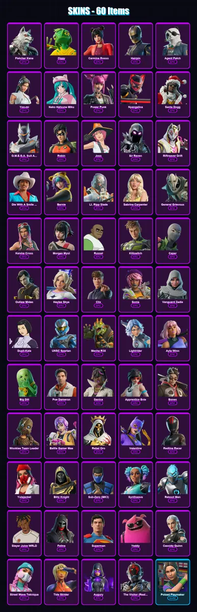 [PS4/PS5/XBOX/PC] | Fletcher Kane | Ziggy | Carmine Rosso | Hairpin | Agent Patch | 60 skin | 118 pickaxe | 72 emote | 66 glider | Lv1111