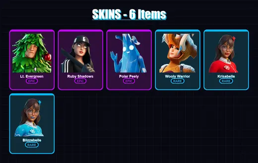 [PC/XBOX/PSN] | Lt. Evergreen | Ruby Shadows | Polar Peely | Wooly Warrior | Krisabelle | 6 skin | 20 pickaxe | 11 emote | 17 glider | Lv174
