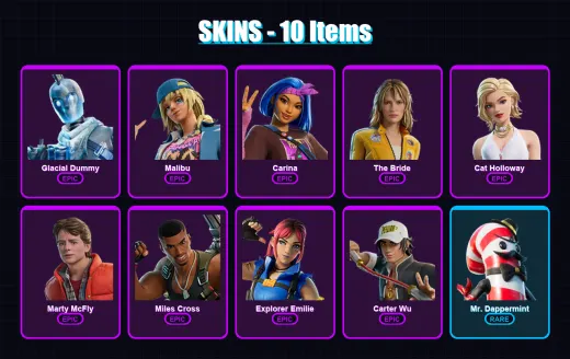 [PC/PSN] | Glacial Dummy | Malibu | Carina | The Bride | Cat Holloway | 10 skin | 29 pickaxe | 17 emote | 19 glider | Lv156