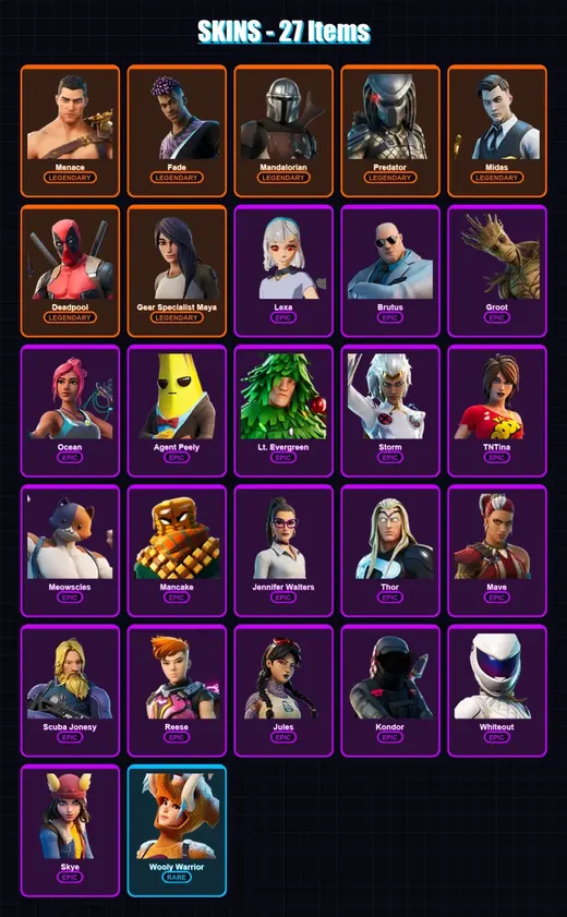 [PC/XBOX/PSN] | Menace | Fade | Mandalorian | Predator | Midas | 27 skin | 54 pickaxe | 34 emote | 51 glider | Lv591