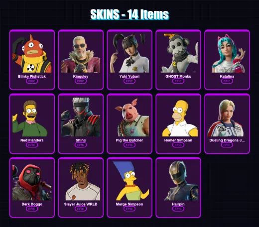[PS4/PS5/XBOX/PC] | Blinky Fishstick | Kingsley | Yuki Yubari | GHOST Monks | Katalina | 14 skin | 41 pickaxe | 14 emote | 22 glider | Lv198