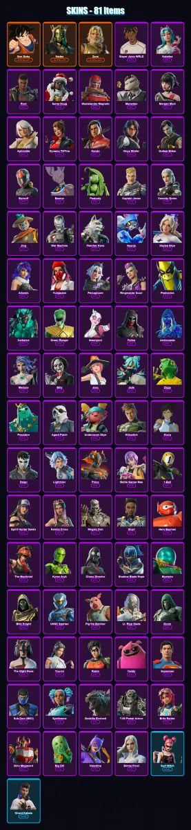 [SWITCH/XBOX/PSN/PC] | Son Goku | Hades | Zeus | Slayer Juice WRLD | Katalina | 81 skin | 122 pickaxe | 87 emote | 80 glider | Lv1616