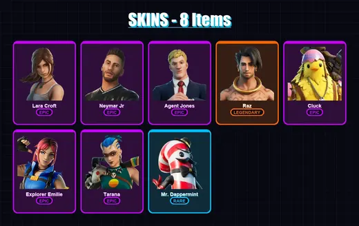 [PC/XBOX/PSN] | Lara Croft | Neymar Jr | Agent Jones | Raz | Cluck | 8 skin | 7 pickaxe | 7 emote | 7 glider | Lv71