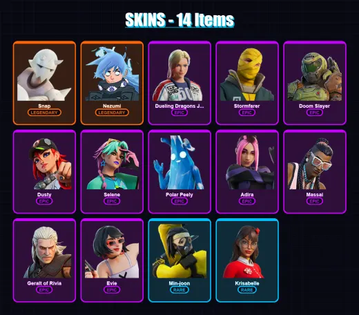 [PC/XBOX] | Snap | Nezumi | Dueling Dragons Jackie | Stormfarer | Doom Slayer | 14 skin | 29 pickaxe | 23 emote | 27 glider | Lv300