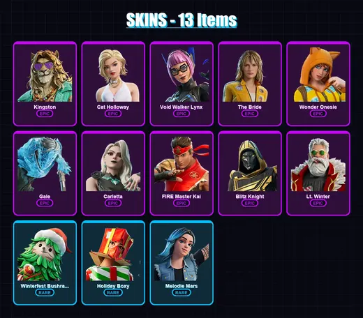 [PC/PSN] | Kingston | Cat Holloway | Void Walker Lynx | The Bride | Wonder Onesie | 13 skin | 50 pickaxe | 21 emote | 30 glider | Lv554