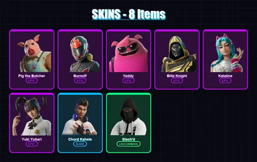 [PC/XBOX/PSN] | Pig the Butcher | Burnoff | Yeddy | Blitz Knight | Katalina | 8 skin | 99 pickaxe | 38 emote | 69 glider | Lv1400