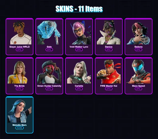 [PC/PSN] | Slayer Juice WRLD | Gale | Void Walker Lynx | Danica | Sedona | 11 skin | 5 pickaxe | 2 emote | 1 glider | Lv9