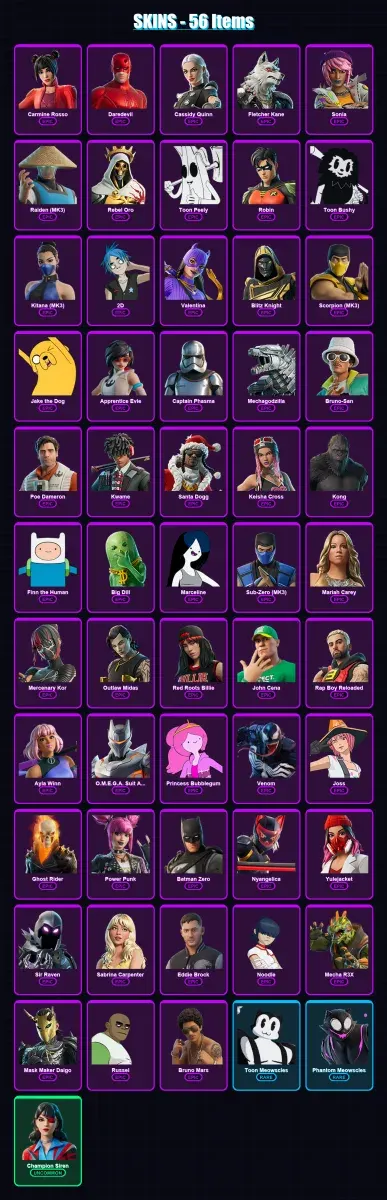 [PS4/PS5/XBOX/PC] | Carmine Rosso | Daredevil | Cassidy Quinn | Fletcher Kane | Sonia | 56 skin | 88 pickaxe | 66 emote | 38 glider | Lv336