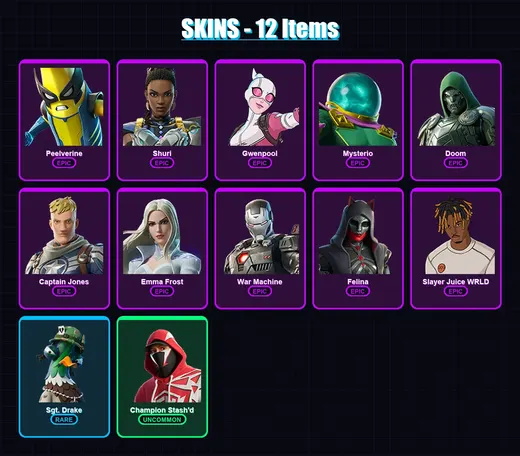 [SWITCH/XBOX/PC] | Peelverine | Shuri | Gwenpool | Mysterio | Doom | 12 skin | 29 pickaxe | 18 emote | 23 glider | Lv676