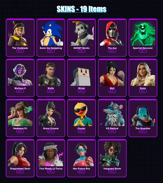 [PC] | The Voidblade | Sonic the Hedgehog | GHOST Monks | The Ace | Spectral Devourer | 19 skin | 26 pickaxe | 13 emote | 17 glider | Lv111 — Game account