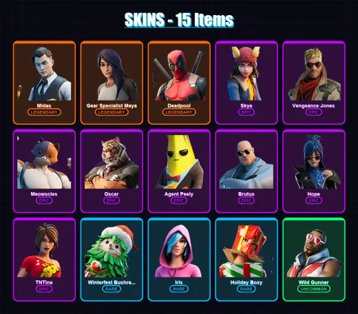 [PS4/PS5/XBOX/PC] | Midas | Gear Specialist Maya | Deadpool | Skye | Vengeance Jones | 15 skin | 15 pickaxe | 15 emote | 15 glider | Lv198