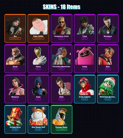 [PC/XBOX/PSN] | Era | Peter Griffin | Vengeance Jones | Trace | Montague | 18 skin | 45 pickaxe | 25 emote | 46 glider | Lv538