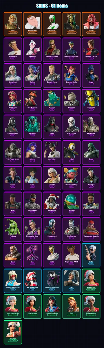 [PS4/PS5/XBOX/PC] | Zeus | Peter Griffin | Backlash | Hades | Valeria | 61 skin | 127 pickaxe | 71 emote | 83 glider | Lv1612