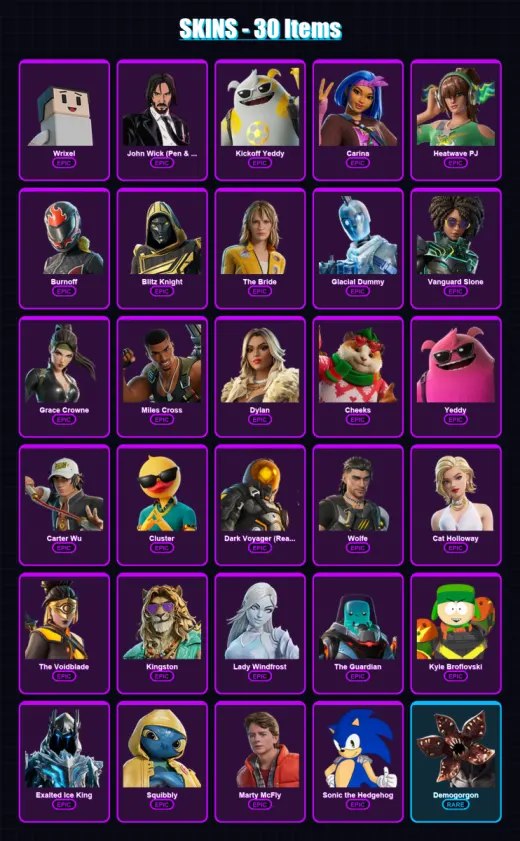 [PC/XBOX/PSN] | Wrixel | John Wick (Pen & Ink) | Kickoff Yeddy | Carina | Heatwave PJ | 30 skin | 53 pickaxe | 30 emote | 33 glider | Lv554