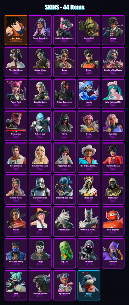 [PC/XBOX] | Son Goku | Raven Team Syd | Cuddle Team Specialist | Mecha R3X | Kwame | 44 skin | 56 pickaxe | 42 emote | 35 glider | Lv413
