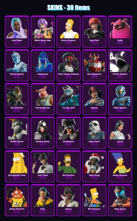 [SWITCH/PC] | Jana Pastel | Battle Gamer Mae | Homer Simpson | Hana Park | Yeddy | 30 skin | 85 pickaxe | 40 emote | 43 glider | Lv853