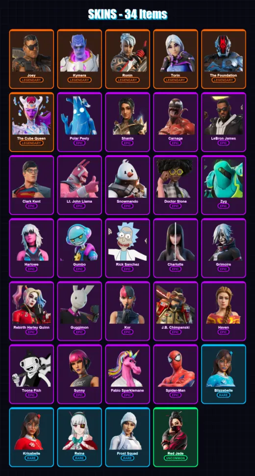 [PC/XBOX] | Joey | Kymera | Ronin | Torin | The Foundation | 34 skin | 53 pickaxe | 43 emote | 50 glider | Lv1070