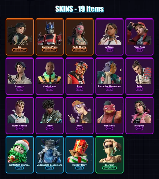 [PC/XBOX/PSN] | Era | Optimus Prime | Kado Thorne | Antonia | Piper Pace | 19 skin | 42 pickaxe | 24 emote | 36 glider | Lv494 — Game account