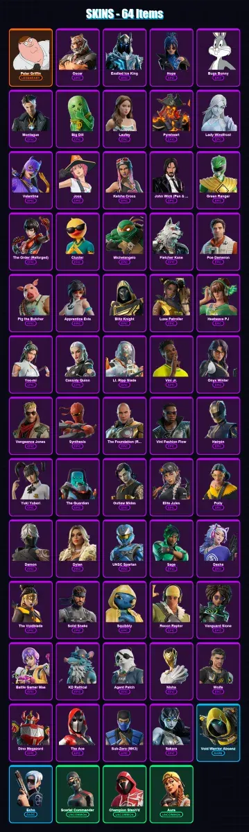 [PS4/PS5/XBOX/PC] | Peter Griffin | Oscar | Exalted Ice King | Hope | Bugs Bunny | 64 skin | 117 pickaxe | 69 emote | 77 glider | Lv1150
