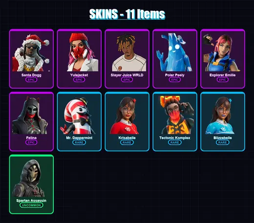 [PC/XBOX/PSN] | Santa Dogg | Yulejacket | Slayer Juice WRLD | Polar Peely | Explorer Emilie | 11 skin | 32 pickaxe | 26 emote | 25 glider | Lv589 — Game account