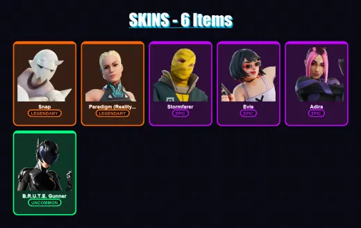 [PC/XBOX/PSN] | Snap | Paradigm (Reality-659) | Stormfarer | Evie | Adira | 6 skin | 8 pickaxe | 5 emote | 9 glider | Lv73