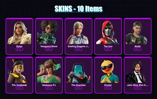 [PC/XBOX] | Dylan | Vanguard Slone | Dueling Dragons Jackie | The Ace | Wolfe | 10 skin | 34 pickaxe | 21 emote | 26 glider | Lv581
