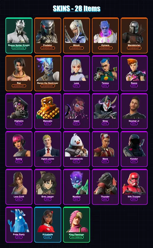 [PC] | Rogue Spider Knight | Predator | Mizuki | Kymera | Mandalorian | 28 skin | 35 pickaxe | 27 emote | 38 glider | Lv516