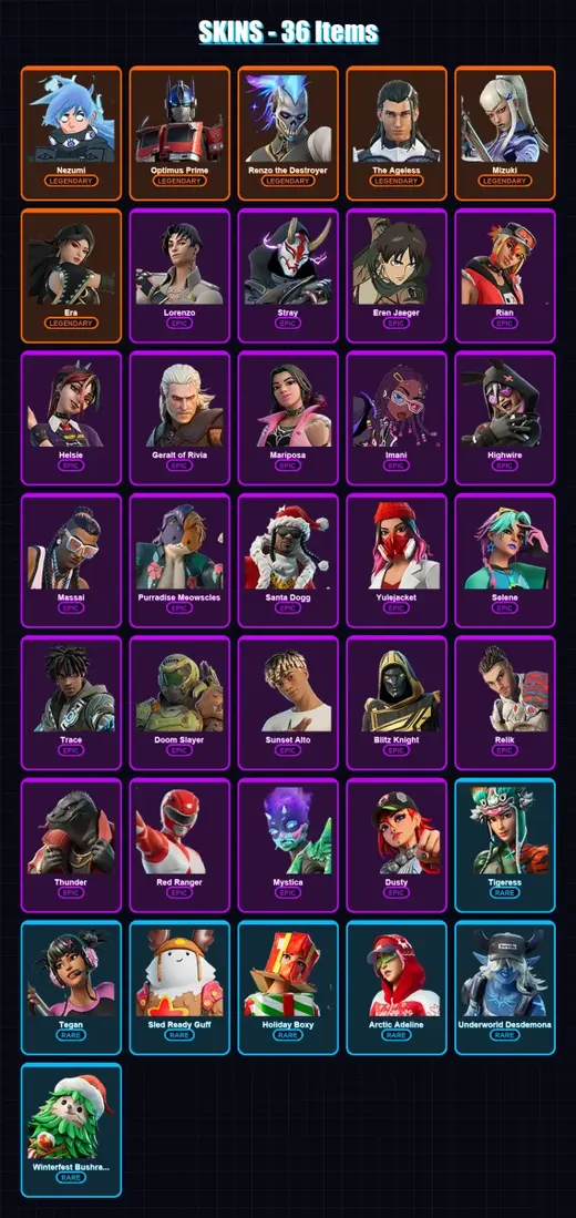 [PC/PSN] | Nezumi | Optimus Prime | Renzo the Destroyer | The Ageless | Mizuki | 36 skin | 93 pickaxe | 56 emote | 78 glider | Lv1362